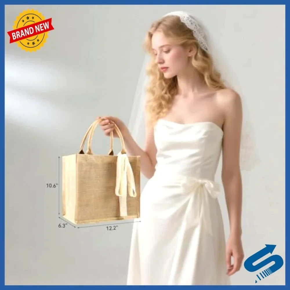 Reusable Jute Tote Bags Bulk Set with Lace Ribbon Waterproof Beach Shopping